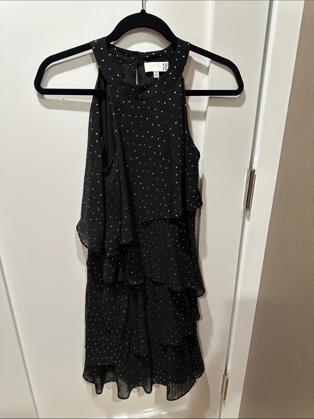 Ruffled Tiered Black Dress with Gold Dot Accents